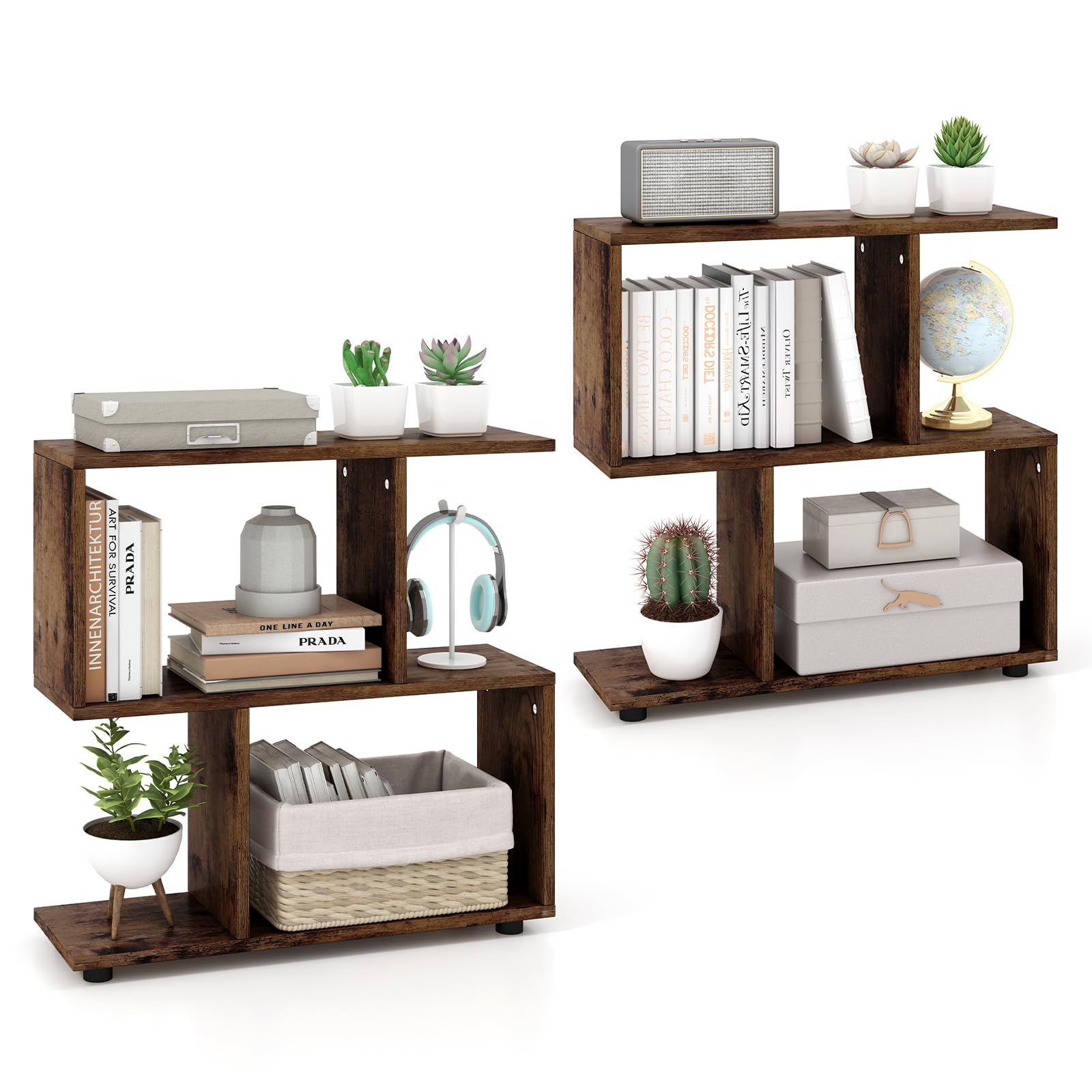 2 Tier Geometric Bookshelf, Freestanding Wood Display Shelf - Tangkula